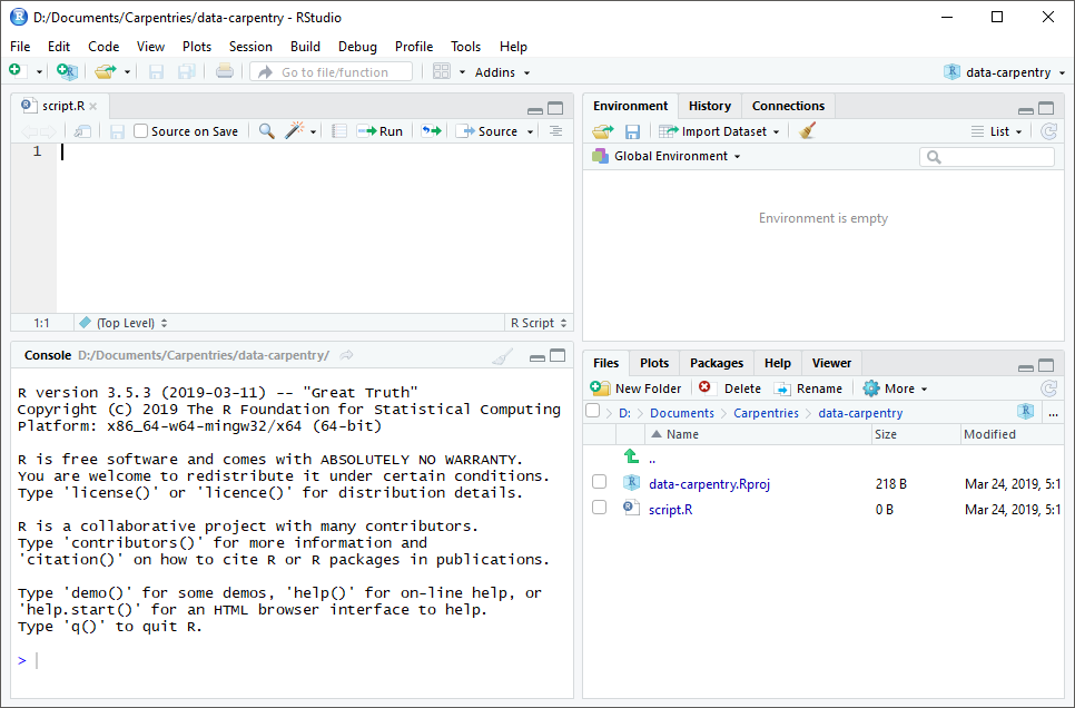 RStudio default layout, courtesy of Data Carpentry