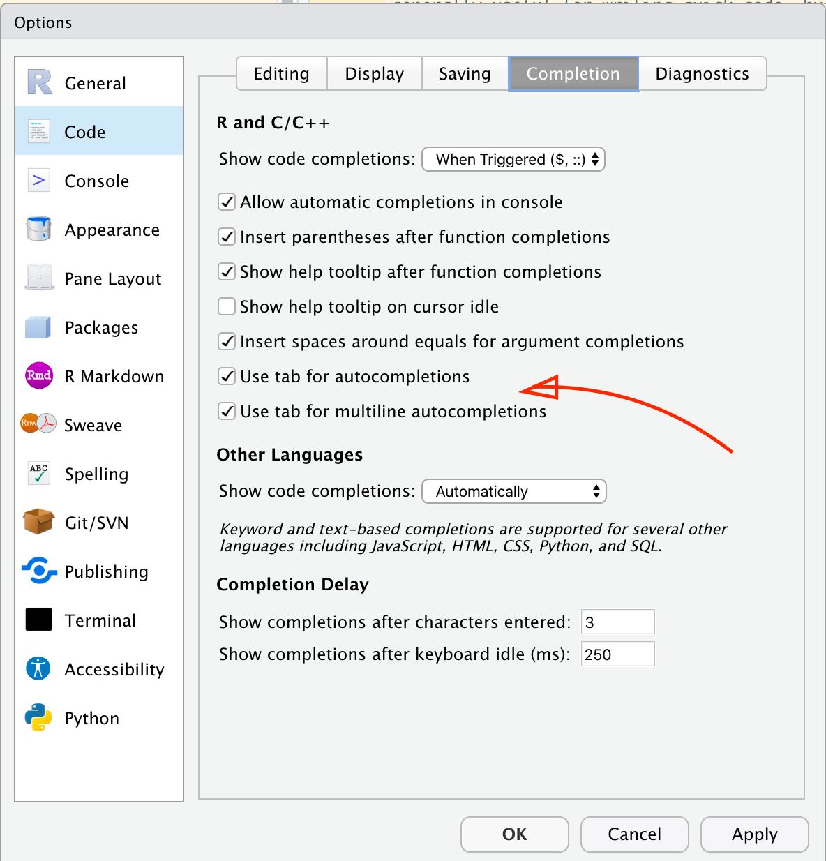 Check the boxes for tab and multiline autocompletions.
